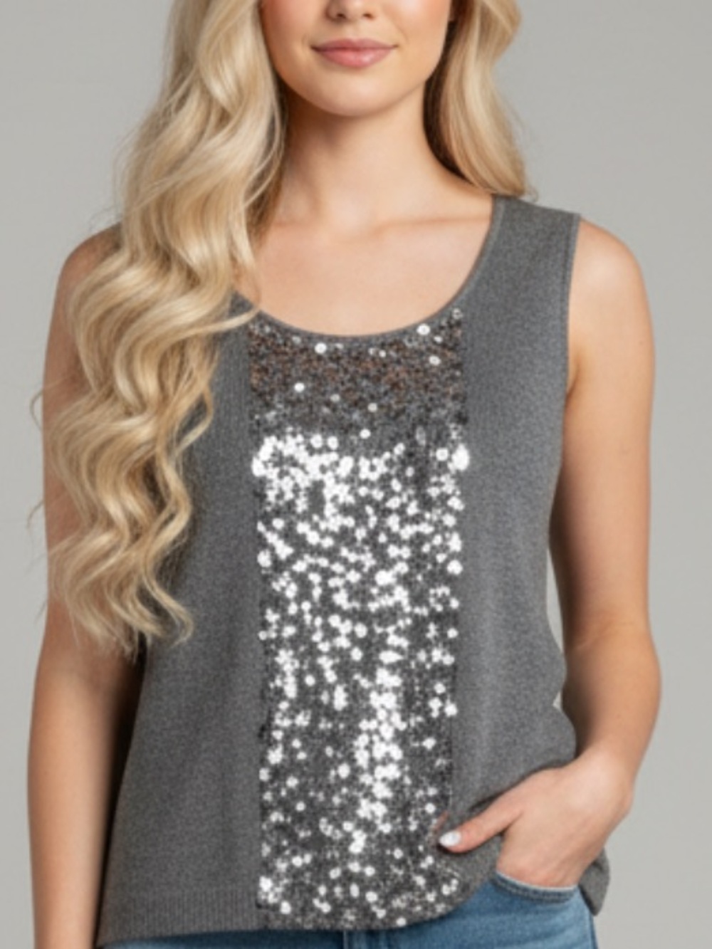 Lauren Michelle Gray Sequin-Front Sleeveless Tank